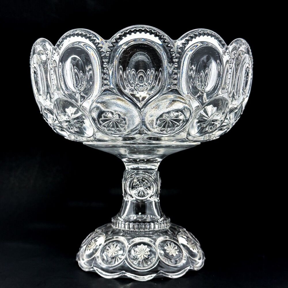 L.E. Smith Moon & Stars Clear Glass Pedestal Compote Fruit Bowl 8” Vintage